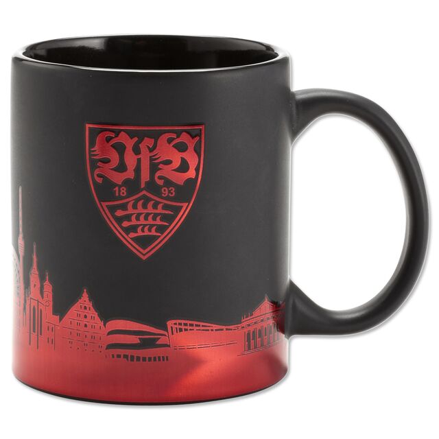 schwarze Tasse mit roter metallic Skyline von Stuttgart und VfB Wappen