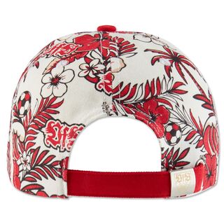 Rückseite der weiß-roten VfB Cap Tropical mit Blumenmuster und Clip zur Größeneinstellung