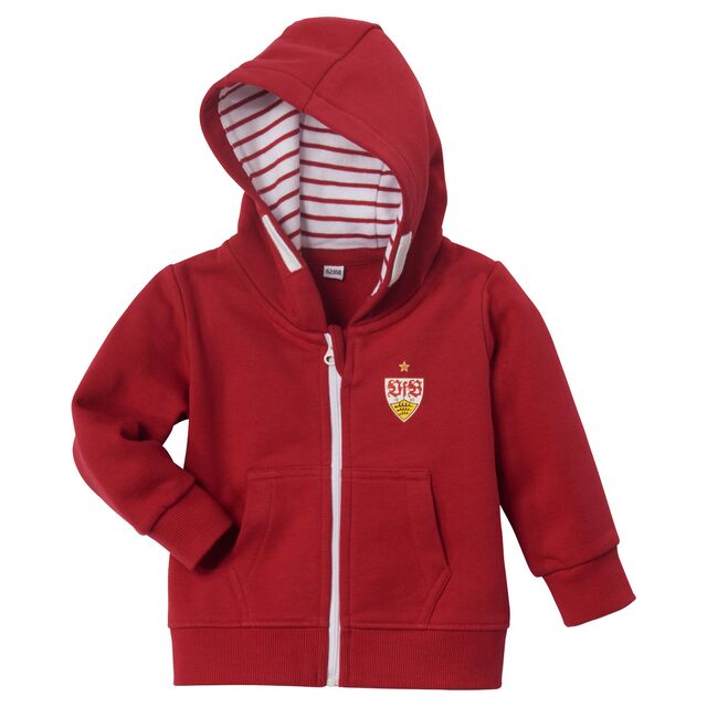 rote Kapuzenjacke mit gestreifter Innenseite und VfB Wappen auf der Vorderseite