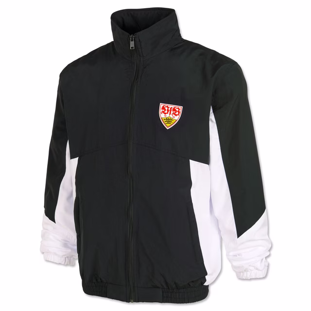 Jacke in schwarz mit weißen Akzenten an den Ärmeln und VfB Wappen auf der Brust 