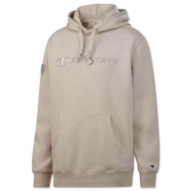 Hoodie in beige mit Cannstatt Schriftzug in der Mitte und VfB Wappen auf dem Ärmel 