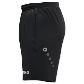 Seitenansicht der schwarzen Trainingsshorts mit JAKO Schriftzug und JAKO Punkten