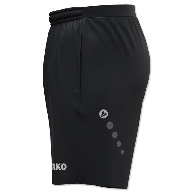 Seitenansicht der schwarzen Trainingsshorts mit JAKO Schriftzug und JAKO Punkten