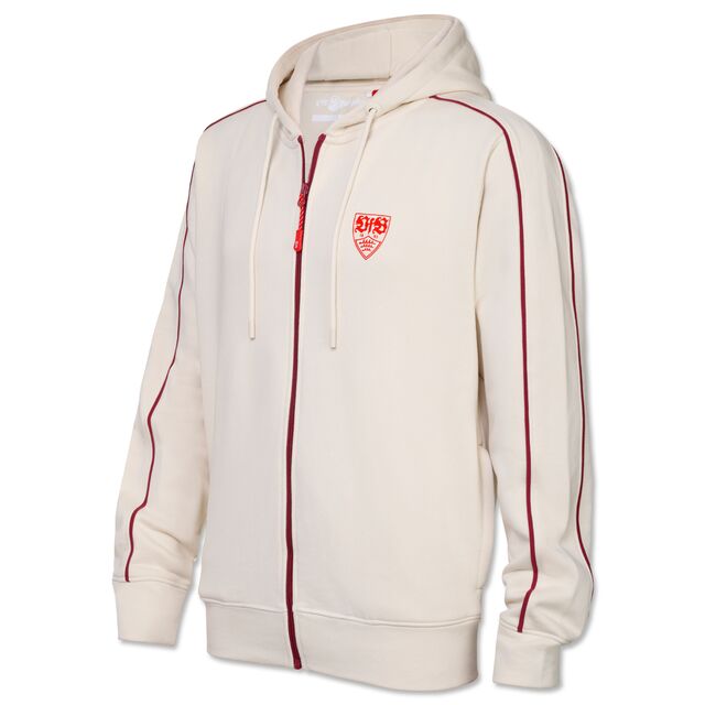 beigefarbene Sweatjacke mit roten Linien und VfB Wappen auf der Brust