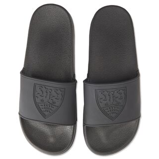 schwarze Badelatschen mit schwarzem VfB Wappen