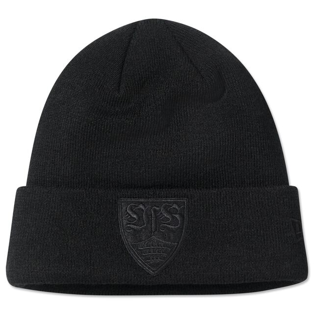 schwarze Beanie mit schwarzem VfB Wappen auf der Vorderseite