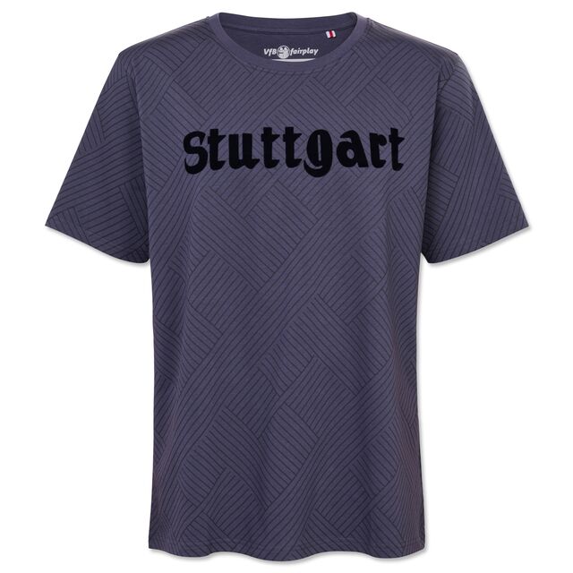 dunkelgraues T-Shirt mit Muster und schwarzem Stuttgart Schriftzug 