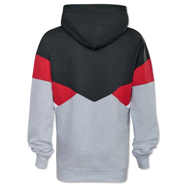 Rückseite des Hoodies in Grau, Schwarz und Rot