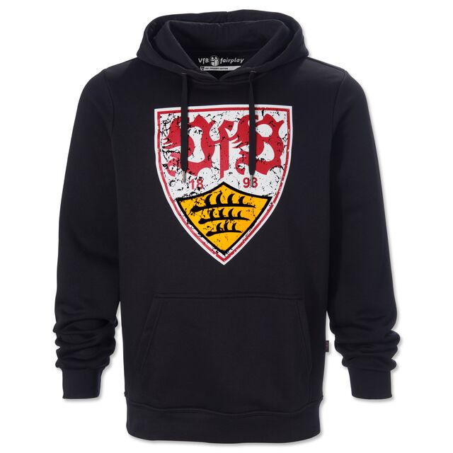 schwarzer Hoodie mit Kängurutaschen und mit großem VfB Wappen im Used Look