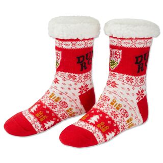 Weiß-rote Hüttensocken mit VfB Wappen und Weihnachtsmotiven 