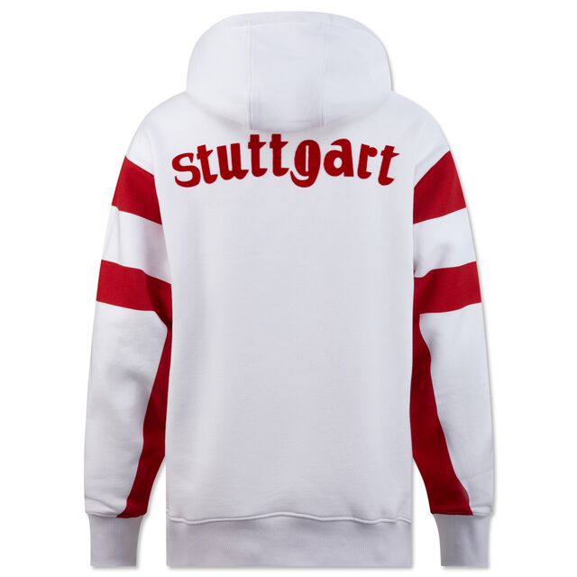 weiße Rückseite des Hoodies mit roten Streifen an den Ärmeln und der Aufschrift Stuttgart auf der Rückseite