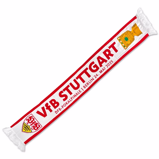 Vorderseite des weiß-roten Schals mit der Aufschrift VfB Stuttgart DFB-Pokalfinale Berlin 24. Mai 2025