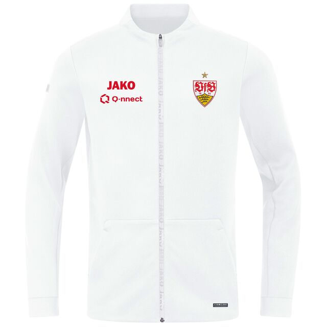 weiße Jacke mit Reißverschluss, VfB Wappen und JAKO Logo