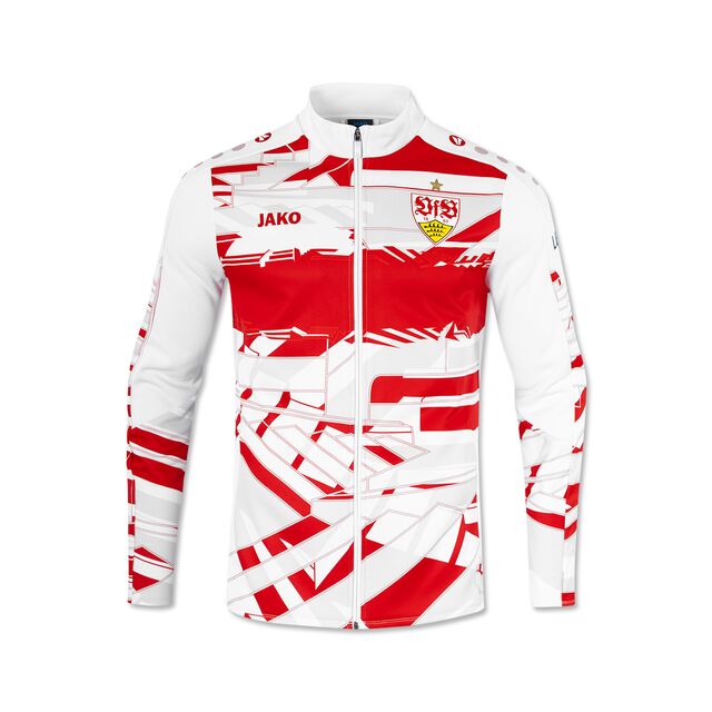 Weiße kids Trainingsjacke mit rotem Muster. Vorne auf der Brust links das VfB Stuttgart Wappen, rechts das rote Jako Logo.