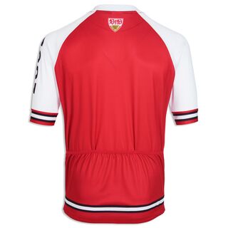 weiß-rote Rückseite des Fahrradtrikots mit VfB Wappen