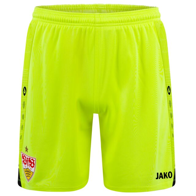 neongelbe Shorts mit VfB Wappen auf einem Bein und JAKO Schriftzug auf dem anderen Bein