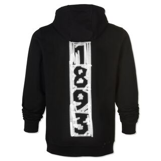 schwarze Rückseite des Hoodies mit vertikaler Aufschrift 1893 im Tape-Art Stil