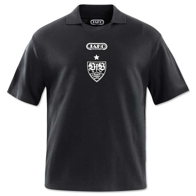 schwarzes Polo Shirt mit weißem JAKO Logo und darunter dem weißem VfB Wappen mit Stern 