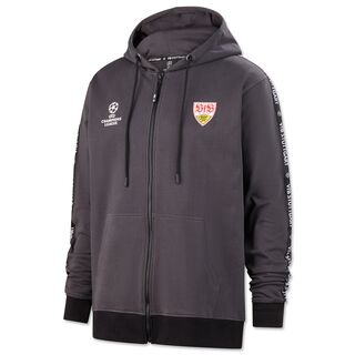 schwarze Hoodie Jacke mit Reissverschluss mit VfB Wappen und Champions League Logo auf der Brust