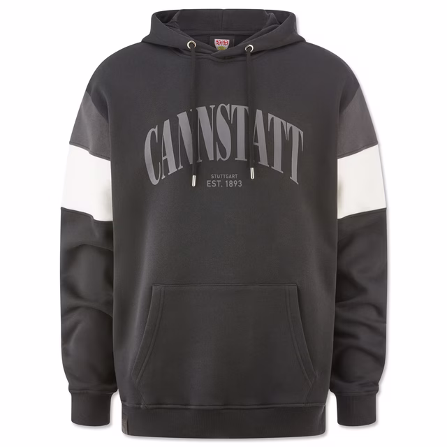 schwarzer Hoodie mit grauem und weißem Streifen an den Ärmeln und der Aufschrift Cannstatt Stuttgart est. 1893 auf der Vorderseite