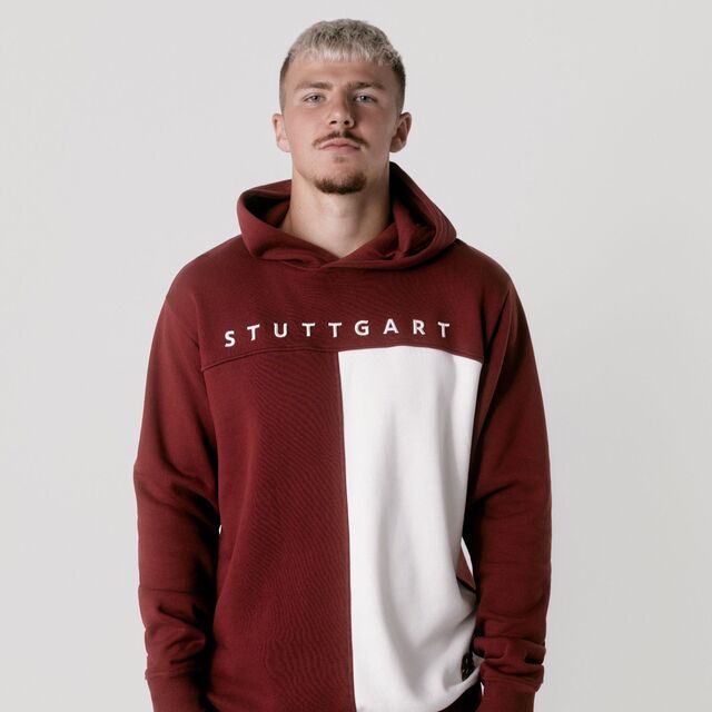 Hoodie in rot und weiß mit Schriftzug Stuttgart 