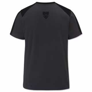 dunkelgraue Rückseite des T-Shirts mit kleinem schwarzen VfB Wappen im Nacken