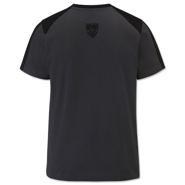 dunkelgraue Rückseite des T-Shirts mit kleinem schwarzen VfB Wappen im Nacken