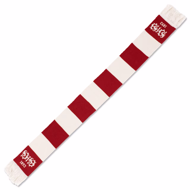 gestreifter Schal in Beige und Bordeauxrot mit dem Schriftzug VfB 1893 an beiden Enden