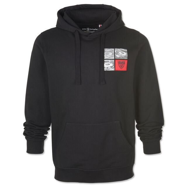 schwarzer Hoodie mit drei kleinen grauen Grafiken der Arena und dem VfB Wappen auf der Brust