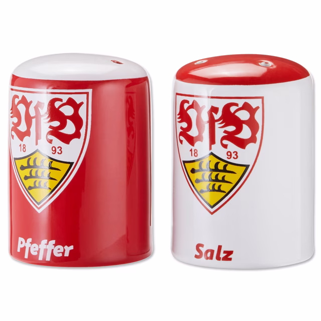 weiß-rote Salz- und Pfefferstreuer mit VfB Wappen 
