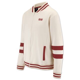 cremefarbene Sweatjacke mit Reißverschluss, kleinem roten VfB Logo auf der Brust und Streifen an Ärmeln und Kragen