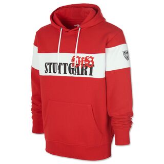 roter Hoodie mit Kängurutaschen und mit weißem Brustring mit der Aufschrift VfB Stuttgart