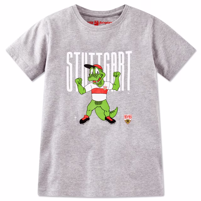 graues T-Shirt mit weißer Stuttgart Aufschrift und Fritzle im Vordergrund