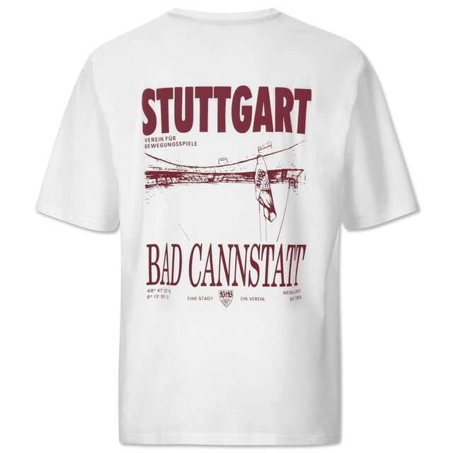 Rückseite des T-Shirts BC mit Stuttgart und Bad Cannstatt Schriftzug und Bild des Stadions