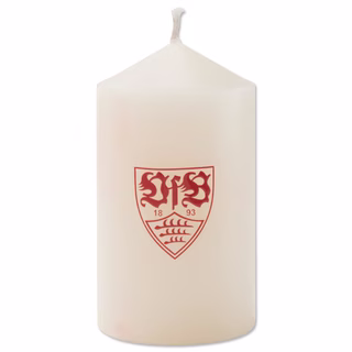 weiße Stumpenkerze mit rotem VfB Wappen