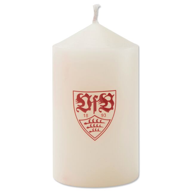 weiße Stumpenkerze mit rotem VfB Wappen