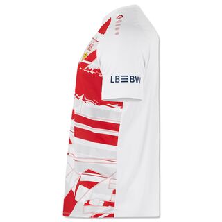 Seitenansicht des weiß-roten VfB Warm-Up T-Shirts 25/26 mit LBBW auf dem Ärmel