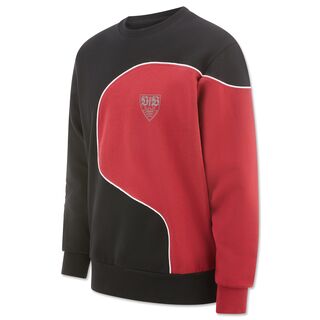 Pullover in schwarz und rot mit VfB Wappen auf der Brust 