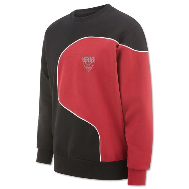 Pullover in schwarz und rot mit VfB Wappen auf der Brust 