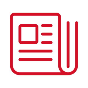 Rotes Symbol einer Zeitung mit Linien als Text und einem Kasten als Bild. Dargestellt in klarer Linienform auf transparent kariertem Hintergrund.