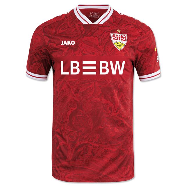 Rot gemustertes Trikot mit weißen Elementen, VfB Wappen, JAKO Schriftzug und LBBW im Brustring
