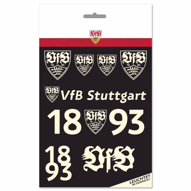 VfB Wappen, VfB Schriftzug und 1893 als Leuchtaufkleber in der Verpackung