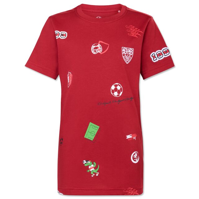 rotes T-Shirt mit VfB- und Fußballelementen