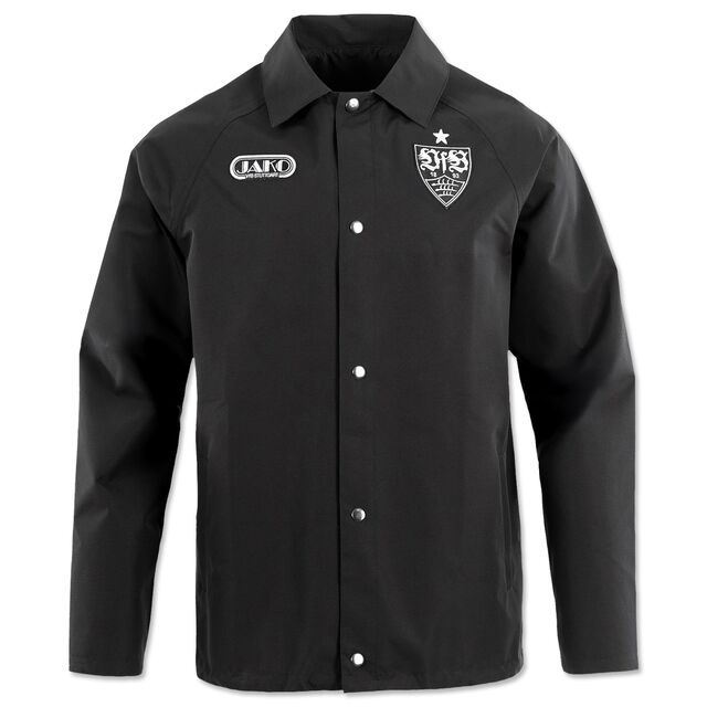 Schwarze Jacke mit Kragen, Knöpfen, weißem JAKO LOGO und VfB Wappen  