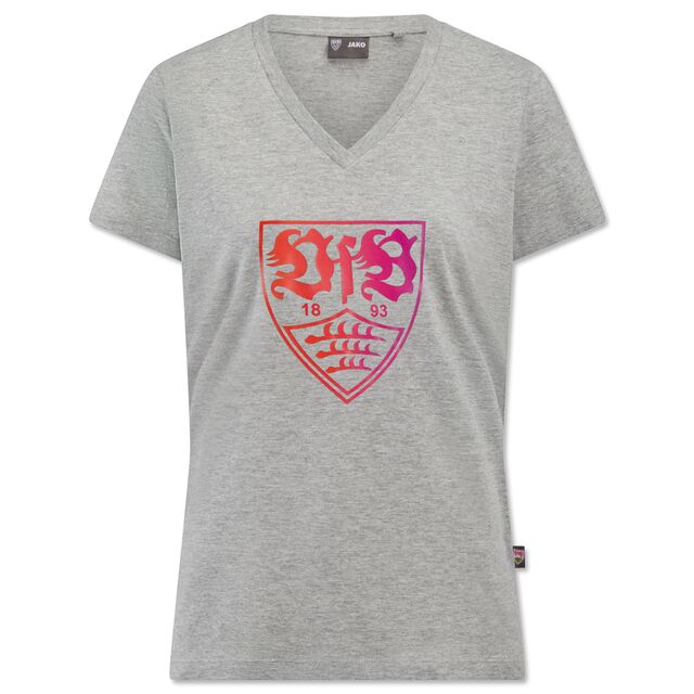 graues T-Shirt mit Damenschnitt mit VfB Wappen in verschiedenen Rottönen