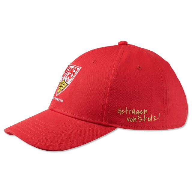 Seitenansicht der Kappe mit goldener Aufschrift Getragen von Stolz