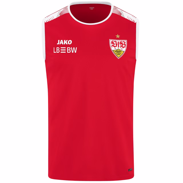 rotes Tanktop mit VfB Wappen, JAKO Logo und LBBW Logo auf der Brust