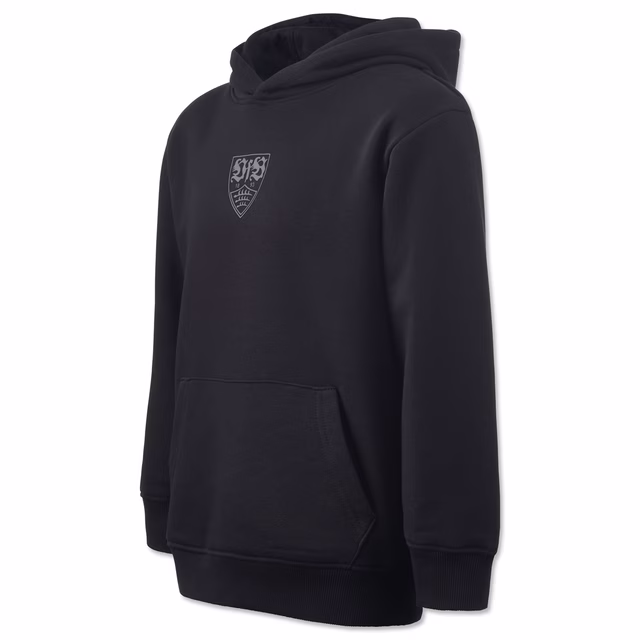 Schwarzer Hoodie mit grauem VfB Wappen in der Mitte 