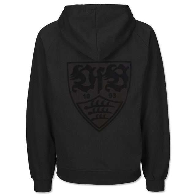 schwarze Rückseite des Hoodies mit großem schwarzen VfB Wappen