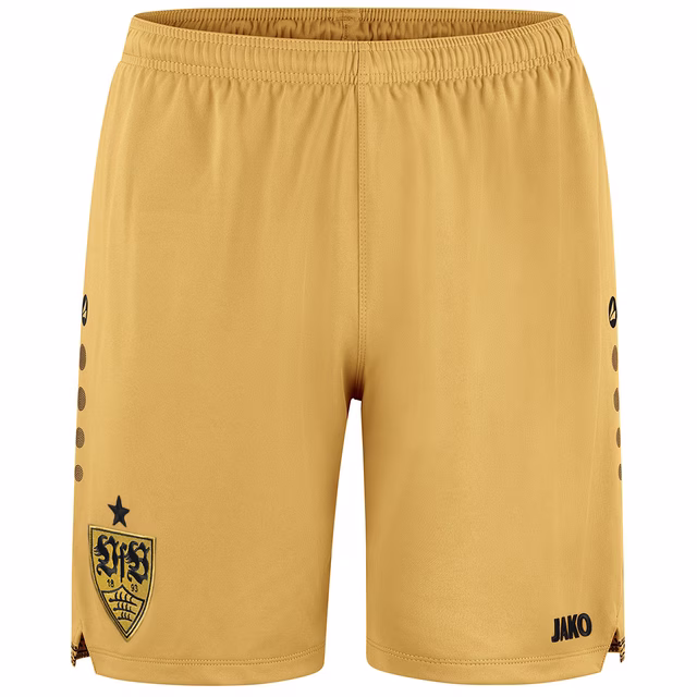 Goldene Shorts mit schwarzem VfB Wappen und JAKO Logo 